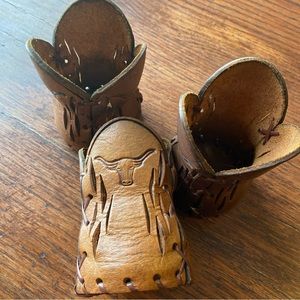 Set Of 3 Vintage Bamco Libbey Bull Horn Western Genuine Leather Bar Cozies